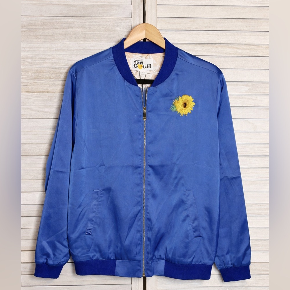 Van Gogh Sunflower Bomber Jacket Blue Satin Varsity Art Jacket NWT Small￼